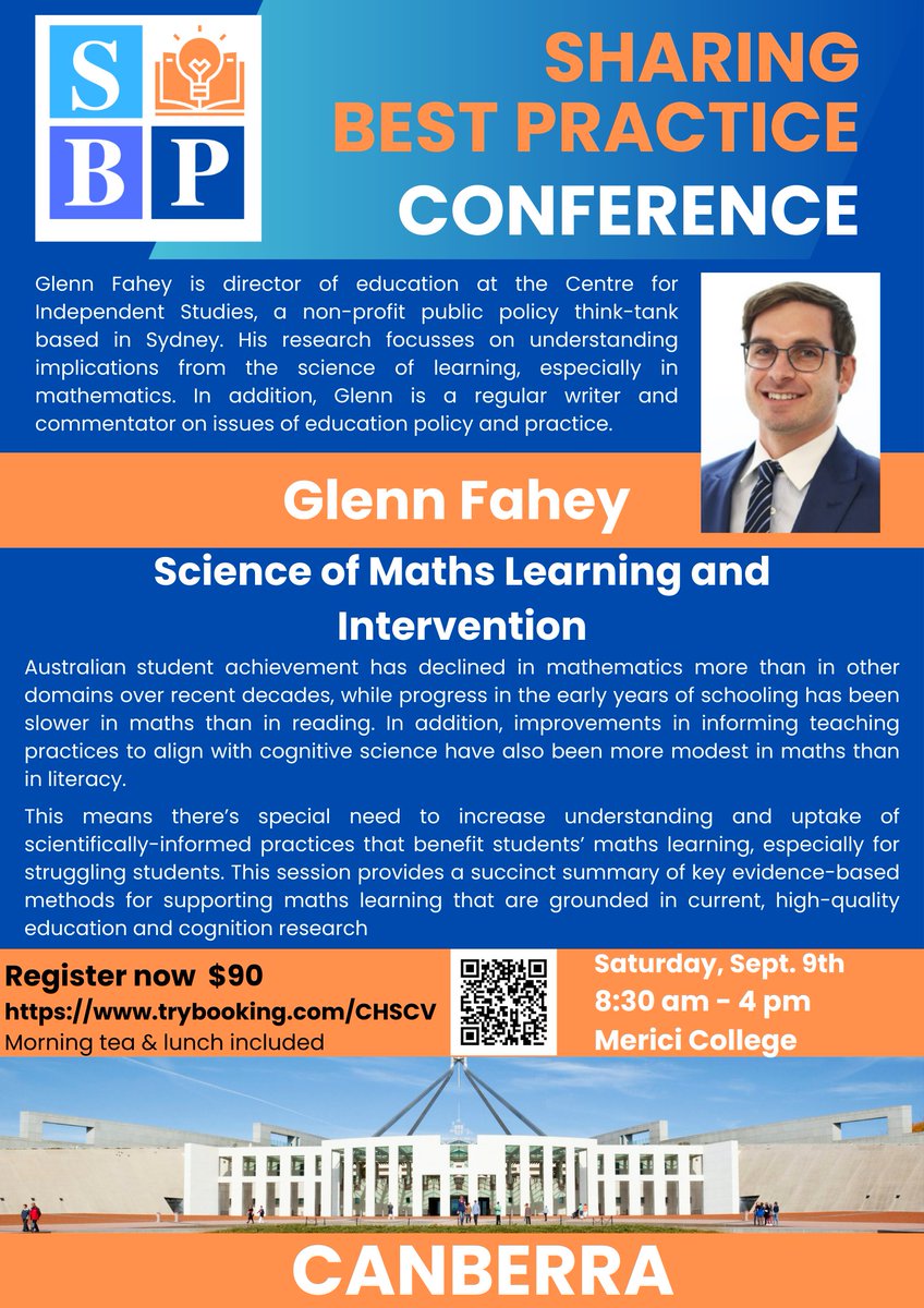Want to learn more about the science of maths learning and intervention? Join <a href="/glenn_fahey/">Glenn_fahey</a>  for his breakout session at Sharing Best Practice Canberra. We are so lucky to have him speak at <a href="/SharingBestPrac/">Sharing Best Practice</a>! Tickets here: trybooking.com/CHSCV
<a href="/CISOZ/">Centre for Independent Studies</a> <a href="/Brad1968/">Brad Gaynor</a> <a href="/ellis_patrick/">patrick ellis</a>
