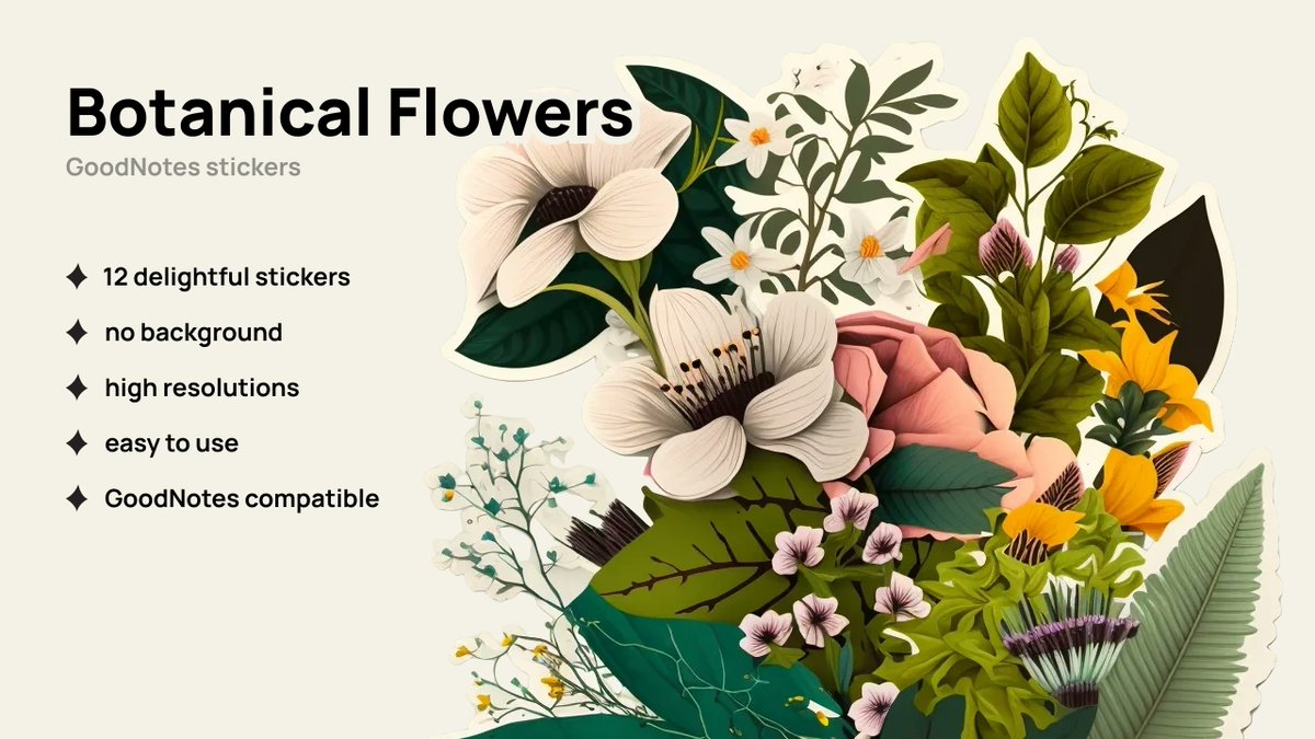 templatestackio's tweet image. GoodNotes Stickers | 12 Botanical Flowers🌸
Are you ready to use them in @GoodnotesApp 6?🤔
#Goodnotes6
templatestack.gumroad.com/l/botanical-fl…