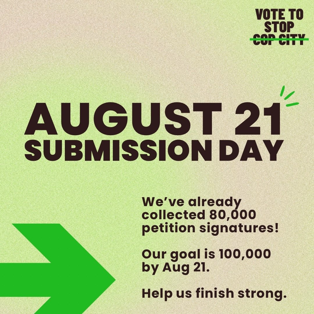 A green and brown gradient background with text that reads "August 21, submission day. We've already collected 80,000 petition signatures! Our goal is 100,000 by August 21. Help us finish strong.