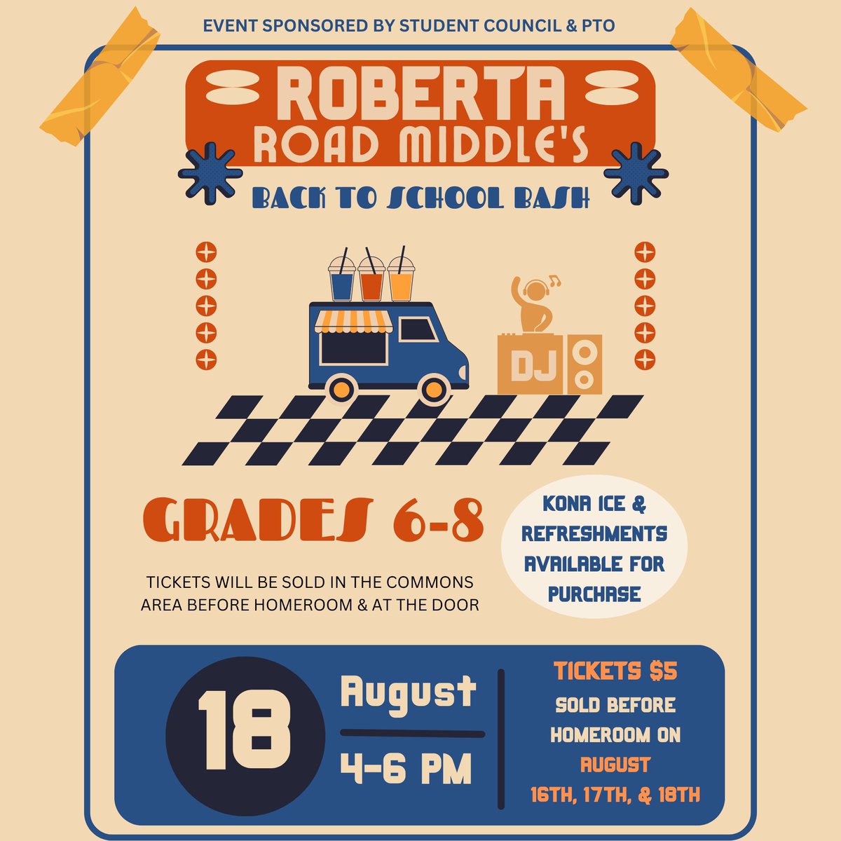 Student Council &amp; PTO are joining forces to bring back a RRMS favorite - the Back2School Bash! The Bash is Fri, August 18, 4-6pm at the school.  Tickets on sale Wed, Thur &amp; Fri morning  during student arrival for $5 each.  There will be a DJ, Kona Ice &amp; concessions for purchase.