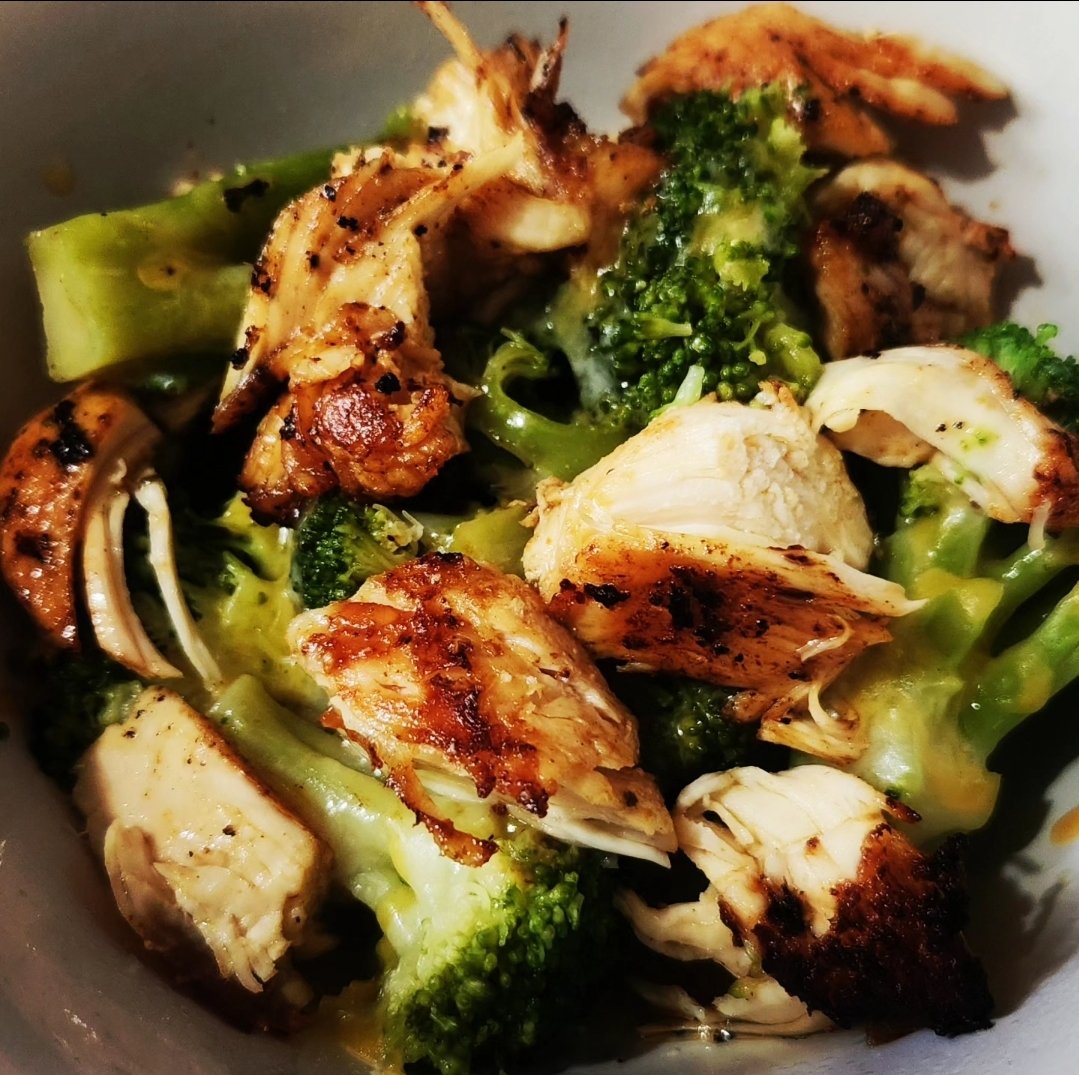 Tonight's dinner. Grilled Mesquite Chicken, Broccoli and Cheese bowl.