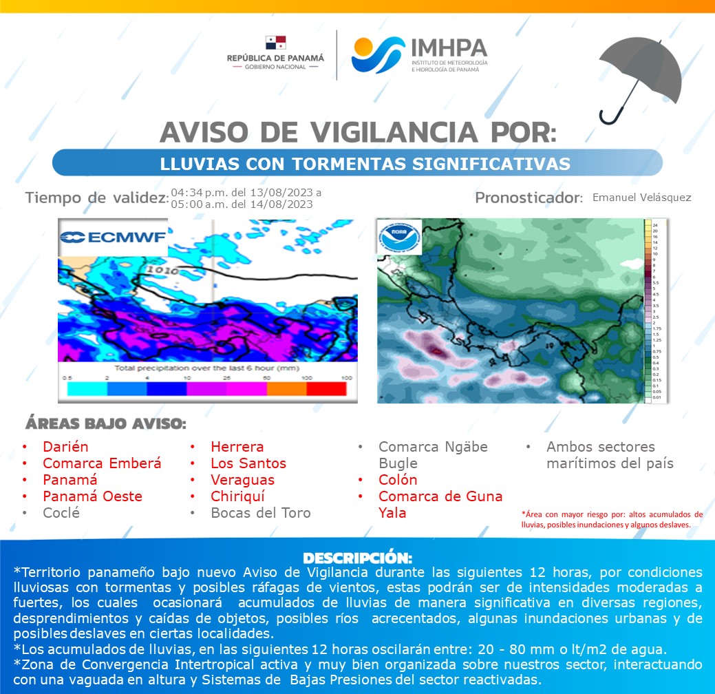 Se emite nuevo Aviso de Vigilancia válido hasta: 05AM del 14/8/23. Lluvias con Tormentas significativas se estarán dando en las siguientes 12 horas en gran parte del país. Mantenerse con precaución. <a href="/VOSTpanama/">VOST Panamá</a> <a href="/EmergenciaXtrem/">EmergenciaXtrema</a> <a href="/UniEmergPma/">UnidEmergPMA</a> <a href="/EmergenciaPty/">Emergencia Digital Panamá</a> <a href="/BCBRP/">Bomberos De Panamá</a> <a href="/SOS_Chiriqui/">Emergencias Chiriquí</a>