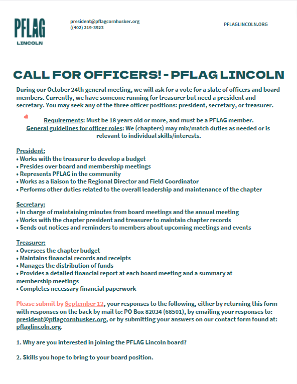 PFLAGLincoln's tweet photo. Here is whats happening at our PFLAG Lincoln Chapter! Please feel free to share this with other members you would like to see throw their hat into the ring! https://t.co/LuXdlfTxQg