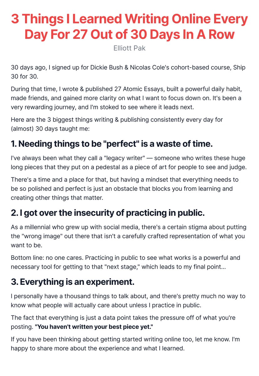 elliottpak's tweet photo. 3 Things I Learned Writing Online Every Day For 27 Out of 30 Days In A Row https://t.co/EKOJfKRyLK