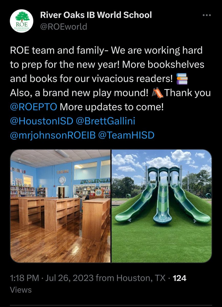 HTXGRL's tweet photo. @HFT2415 Meanwhile at River Oaks Elementary children are known as "vivacious readers" and
get a library with more books and room to read.
@HISDSupe is punishing students because of their zip code.
@small_asher @sgonzalezkelly @BillBishopKHOU
#seperateisnotequal
@SecCardona https://t.co/Bn6pkVXYGh