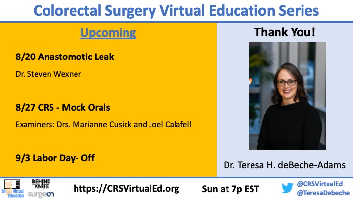 CRSVirtualEd (@crsvirtualed) on Twitter photo Coming soon 👀
~ Anastomotic Leak w/ Dr. Steven Wexner
~ CRS Mock Orals w/ Drs. Marianne Cusick and Joel Calafell
~Labor Day- Off
<a href="/ASCRS_1/">ASCRS_1</a>
<a href="/ABCRSorg/">American Board of Colon and Rectal Surgery</a>
<a href="/surgeonapp1/">SurgeOn</a>
<a href="/BehindTheKnife/">BehindTheKnife</a>
<a href="/MarkSoliman/">Mark Soliman, MD, MBA</a> Coming soon 👀
~ Anastomotic Leak w/ Dr. Steven Wexner
~ CRS Mock Orals w/ Drs. Marianne Cusick and Joel Calafell
~Labor Day- Off
<a href="/ASCRS_1/">ASCRS_1</a>
<a href="/ABCRSorg/">American Board of Colon and Rectal Surgery</a>
<a href="/surgeonapp1/">SurgeOn</a>
<a href="/BehindTheKnife/">BehindTheKnife</a>
<a href="/MarkSoliman/">Mark Soliman, MD, MBA</a>