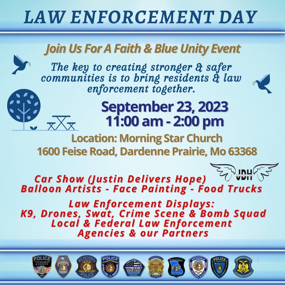 LakeStLouisPD's tweet photo. Save The Date and come have some fun with us!
#Faith&Blue
#LawEnforcementDay
#JustinDeliversHope
#CarShow https://t.co/iGL9VtlUxp