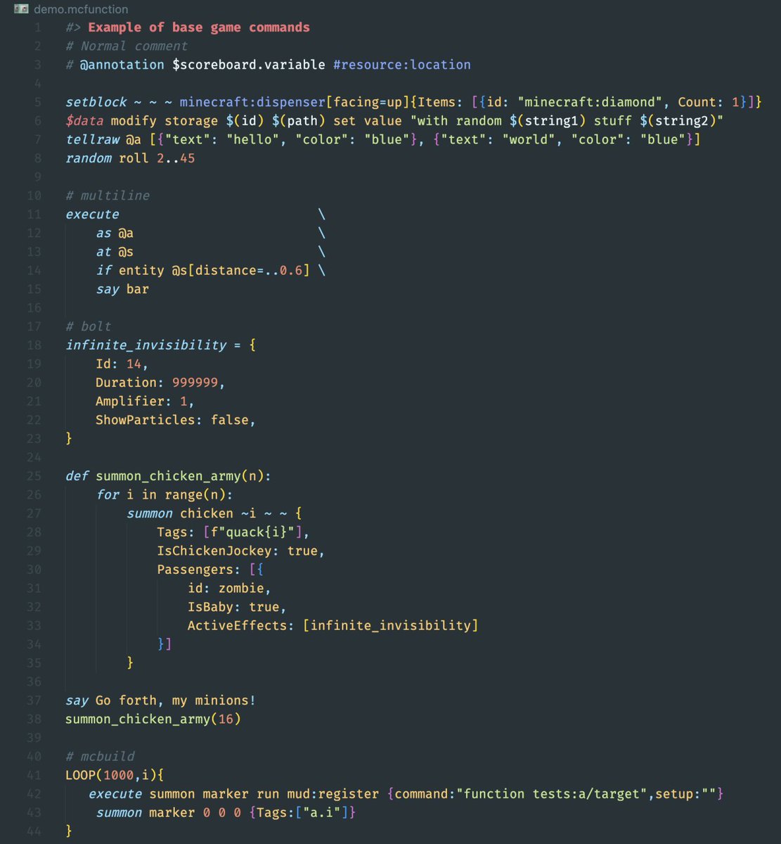 If anyone needs a syntax highlighter for mcfunction now that macros have been introduced, look no further than here: github.com/rx-modules/lan….

Def. needs a bit of work but it's in a decent spot so far. I hope to get this on the marketplace soon!