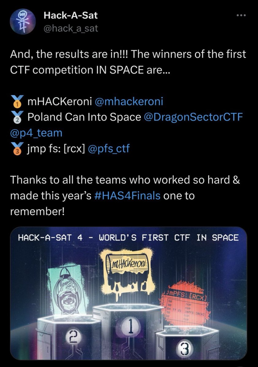 And the results of <a href="/hack_a_sat/">Hack-A-Sat</a> are in, fresh from @Defcon Las Vegas