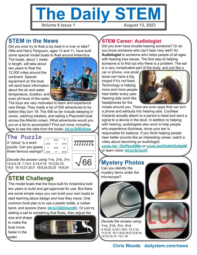 dailystem's tweet image. Guess what? It’s the 1st issue of The #DailySTEM for the new school year!
⛵️&amp;amp; 🦻&amp;amp; 🧩 &amp;amp; 🔬 

Download or share every issue FREE at dailystem.com/news