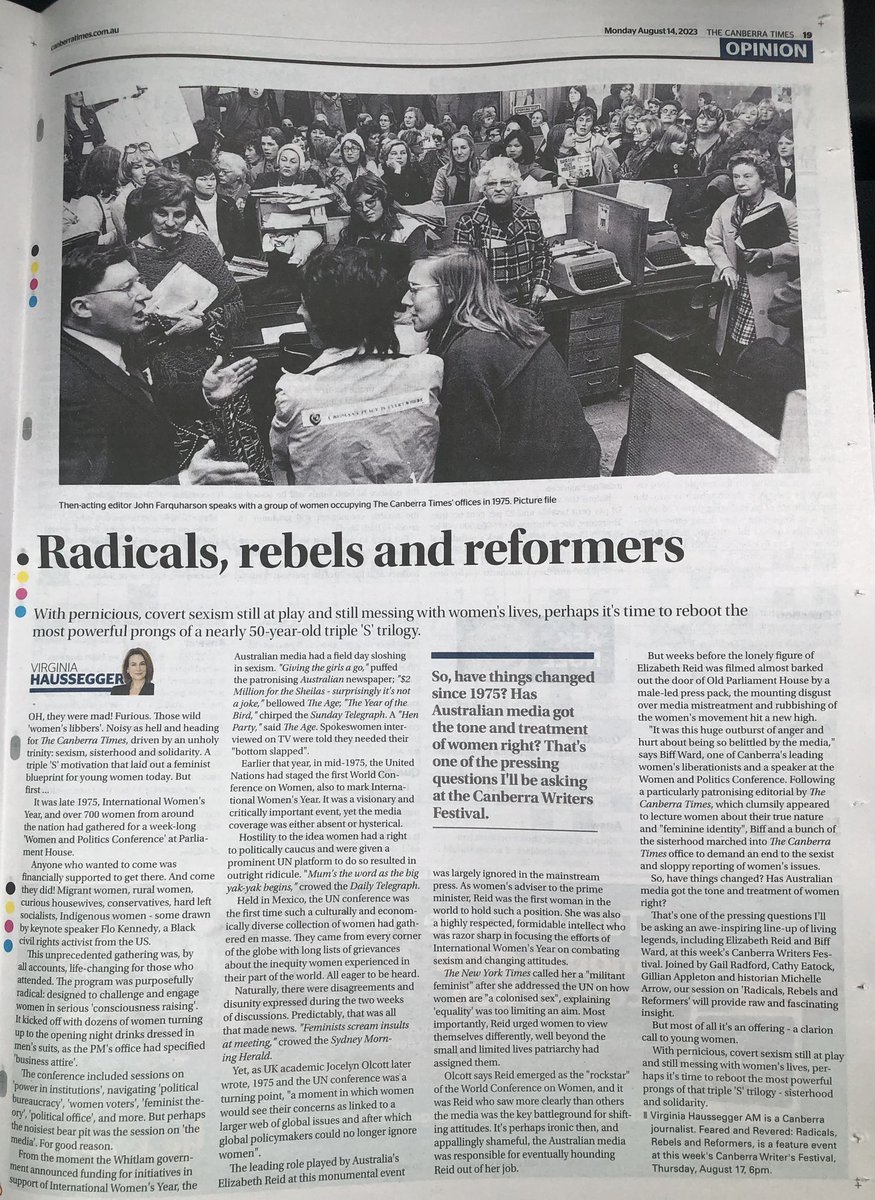 Those rad #feminists !! Taking on misogyny &amp; sexism in media … has much changed???? 🤣 
Join us <a href="/cbrwritersfest/">CBR Writers Festival</a> THUR 6pm <a href="/nma/">National Museum of Australia</a> <a href="/HerCanberra/">HerCanberra</a> <a href="/WIM_Aus/">Women in Media</a> <a href="/SenKatyG/">Katy Gallagher</a> <a href="/MarieColemanAO/">Marie Coleman AO PSM</a> <a href="/VicWomensTrust/">Victorian Women's Trust</a> <a href="/marycrooksAO/">Mary Crooks AO</a> <a href="/MichelleArrow1/">Michelle Arrow</a> <a href="/WomensAgenda/">Women's Agenda</a> <a href="/GIWLANU/">Global Institute for Women's Leadership - ANU</a>
