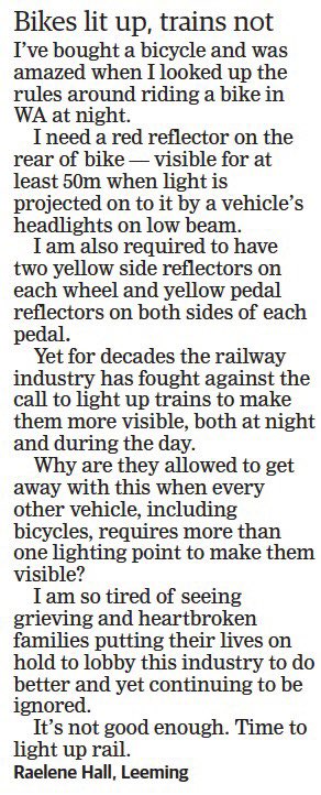 lightuprail's tweet photo. Absolutely fantastic letter in today’s West Australian newspaper (Monday 14th August, 2023) by the wonderful Raelene Hall. 
Thank you so much for taking the time to write in support of this campaign Raelene. We all so appreciate it. 
I was truly thrilled to see your letter today https://t.co/uHIzNsuQ5U