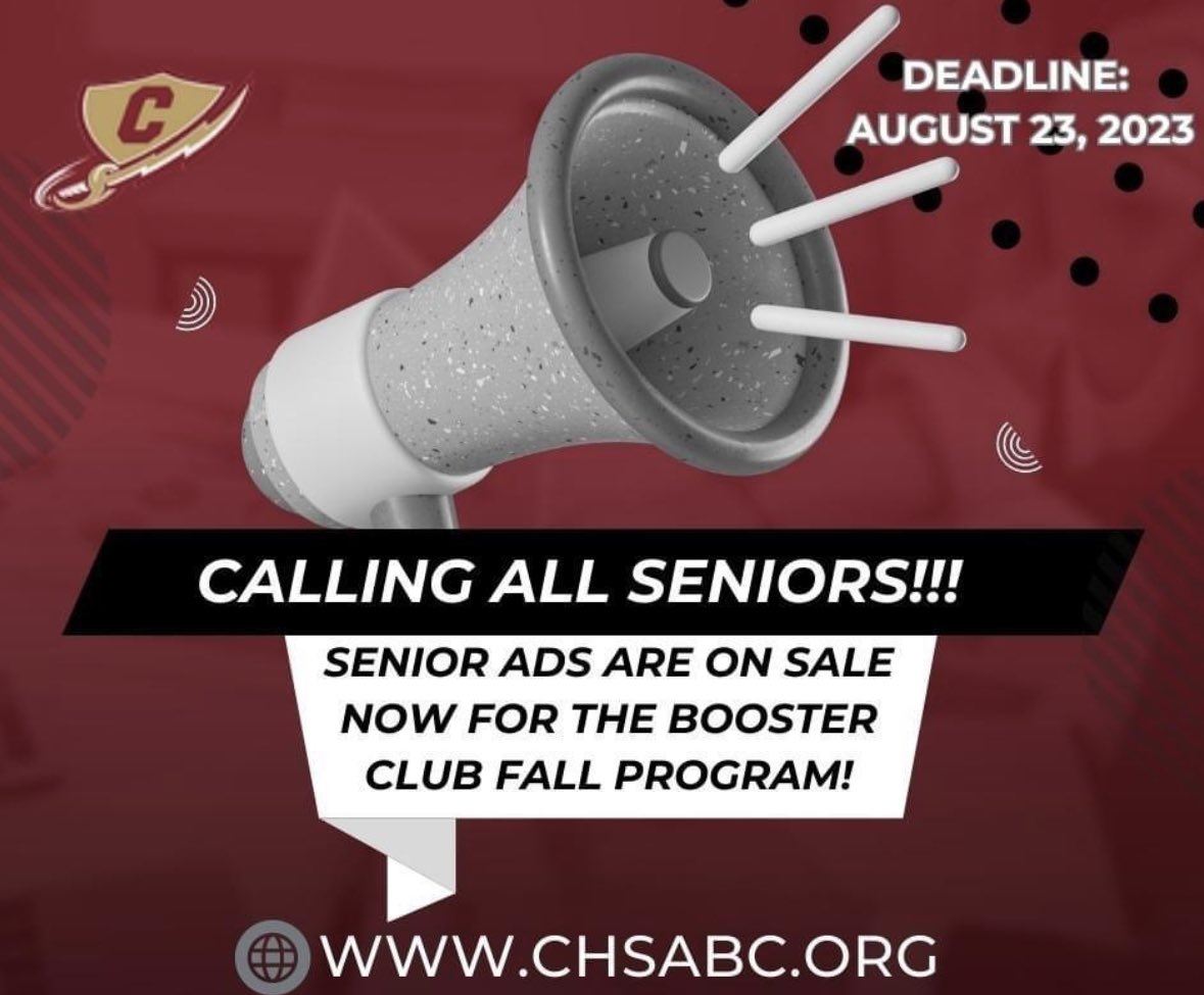 SENIOR SUNDAY!!! Just a few days left before the school year kicks off! Less than two weeks left to submit your Senior Ad for the Fall program.Share this post with all of the seniors you know. It's not limited to athletes!!! #CHSABC #ChargerNation