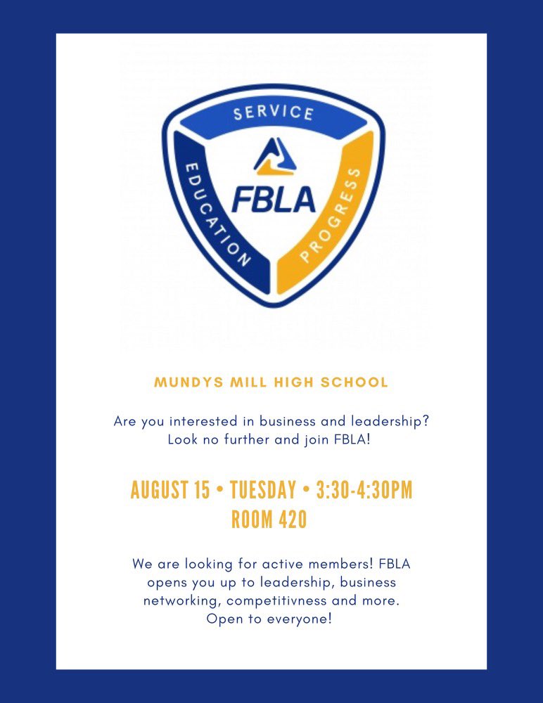 FBLAMMHS's tweet photo. Join FBLA for our interest meeting on Tuesday August 15. https://t.co/TTG1n1URpn