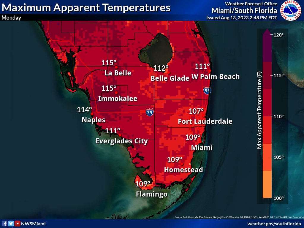 I'm seeing this map of maximum heat value indexes for tomorrow and I can only think of the farmworkers and construction workers. Please spread the word, the heat advisory will continue tomorrow in South Florida. More info: miamiherald.com/news/weather-n… <a href="/MiamiHerald/">Miami Herald</a>