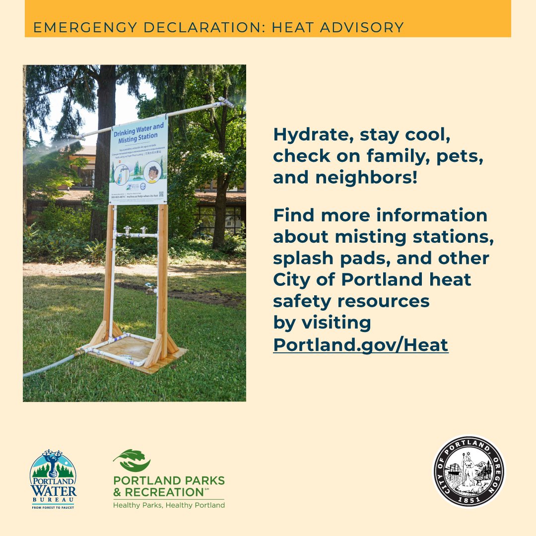 PortlandGov's tweet photo. Prepare for severe heat this week. @NWS is forecasting extreme heat, starting today through Thursday, August 17; Monday and Tuesday temperatures are expected to be the hottest, reaching over 100 degrees °F. 
 
Find help for when it's hot at https://t.co/LWgZ1fv05M (@multco) https://t.co/uO6pVBkSWU