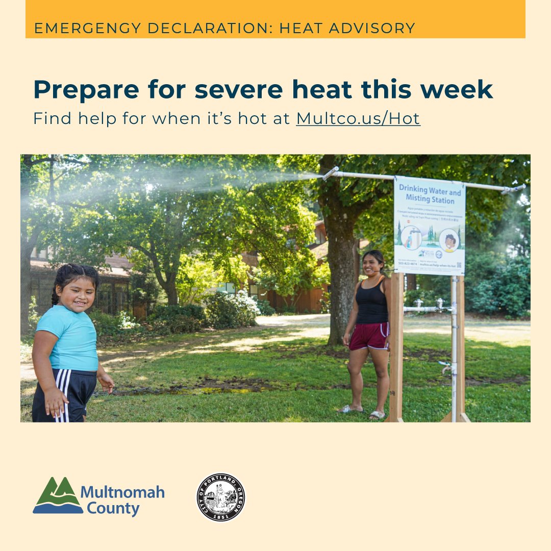 PortlandGov's tweet photo. Prepare for severe heat this week. @NWS is forecasting extreme heat, starting today through Thursday, August 17; Monday and Tuesday temperatures are expected to be the hottest, reaching over 100 degrees °F. 
 
Find help for when it's hot at https://t.co/LWgZ1fv05M (@multco) https://t.co/uO6pVBkSWU