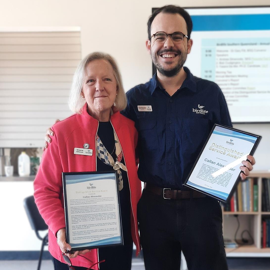 Honoured to receive the Distinguished Service Award from Birdlife Southern Queensland. 7 years of volunteering &amp; constantly inspired by the conservation outcomes produced by this dedicated team. 

Pictured here with my conservation hero + dear friend Sheena Gillman.🐦<a href="/BirdLifeOz/">BirdLife Australia</a>