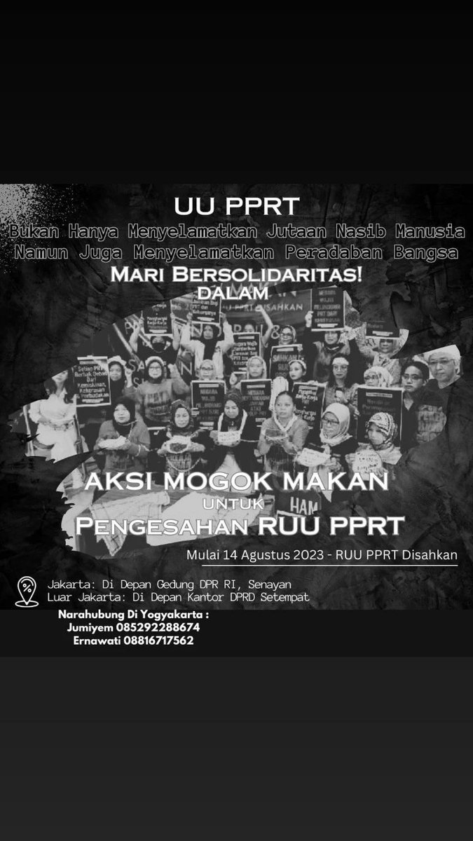 Panggilan Solidaritas !
Mogok Makan/PUASA Bergilir

19 tahun RUU di DPR?
Masihkah disandera lagi?
Mendesak  pengesahan RUU PPRT!
Ajakan kepada teman-teman seperjuangan untuk melakukan aksi Mogok Makan/Berpuasa BERGILIR  sesuai kemampuan dan kesehatan masing2 
 
Sahkan RUU PPRT