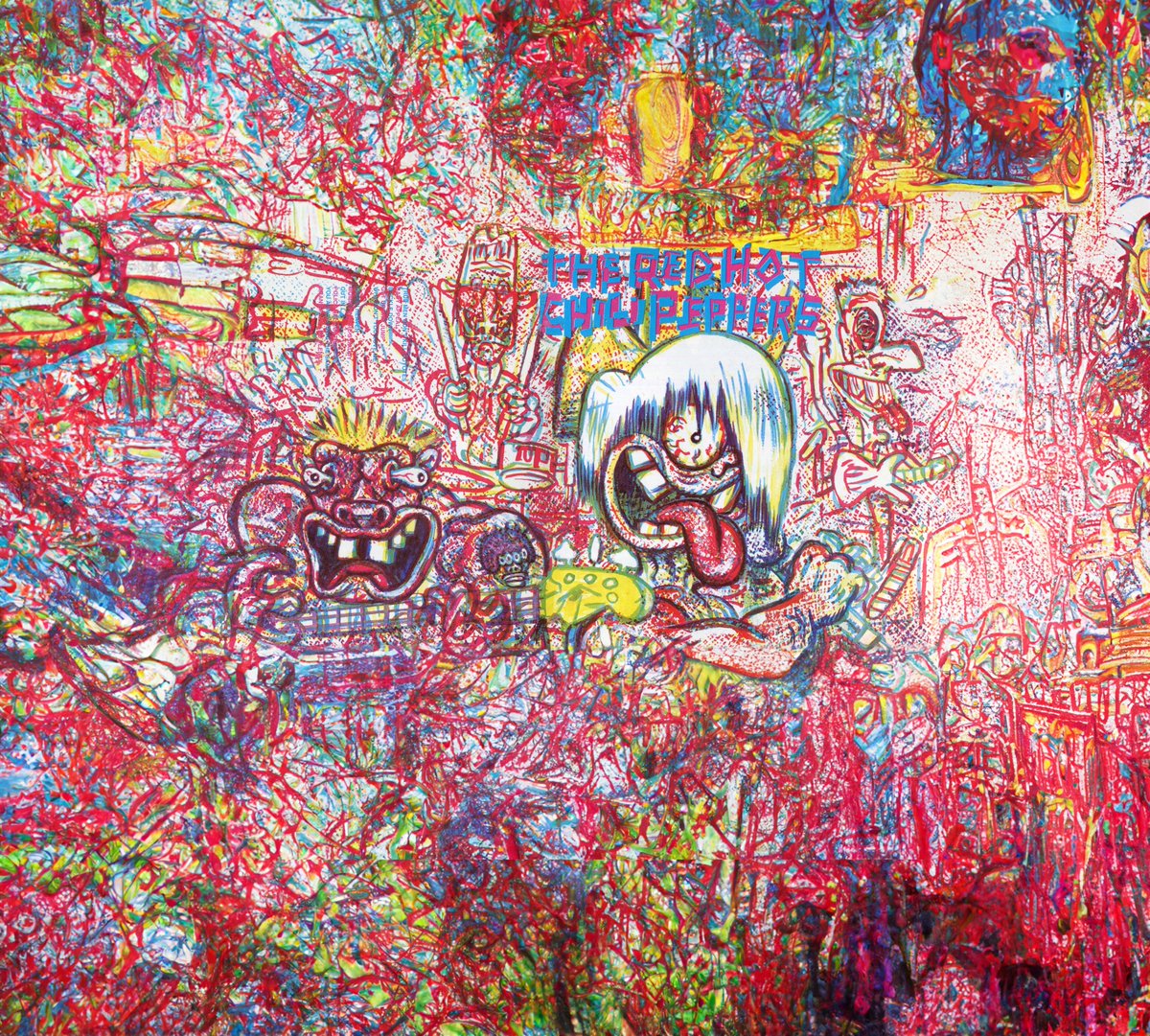 ManuelEtchart's tweet photo. [HILO] 
Ahora que pago Photoshop, puedo probar todas las portadas de #RHCP y extenderlas con "Generative Inpaint". Traté de buscar las versiones más completas e ir desde ahí.

1) THE RED HOT CHILI PEPPERS (1984)

Extras: Arte original de Gary Panter y edit para el celu. https://t.co/6mudZYPFHr