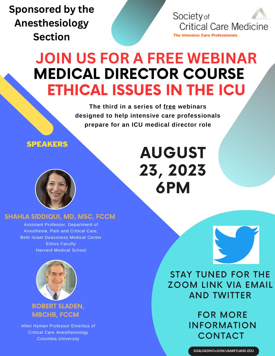 📢 Join us for the 3rd Webinar in the Medical Director's Course being offered by the SCCM Anesthesiology Section. @shahlasi and Dr.Robert Sladden share their insights on ethical challenges in the ICU. Link on SCCM Connect connect.sccm.org/home @GalvagnoSam