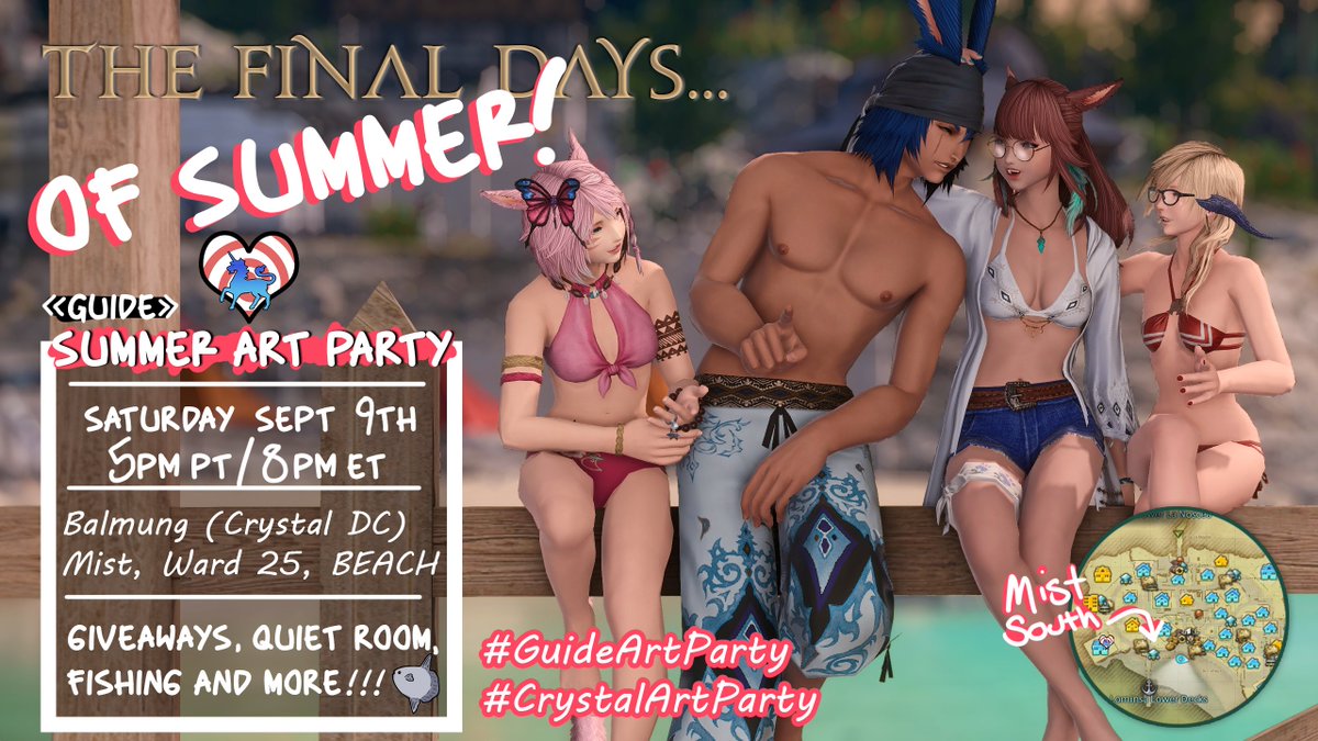Javikka's tweet image. The Final Days... of Summer Art Party!! 

Infinidim Enterprise &amp;lt;GUIDE&amp;gt; is holding our first art party! Come hang out, draw, gpose, go fishing, &amp;amp; maybe enjoy some BLU shenanigans...? All are welcome!

Saturday, Sept 9th at 5pmPT/8pmET on Balmung! #GuideArtParty #CrystalArtParty