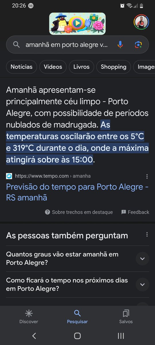 pierrybos's tweet photo. Amanhã o dia vai ser loco segundo o Google. 319ºC??

A pesquisa que eu fiz foi "amanhã em porto alegre vai estar mais quente ou mais frio"

 será que filtro solar ajuda? https://t.co/DTyDpvEOjC