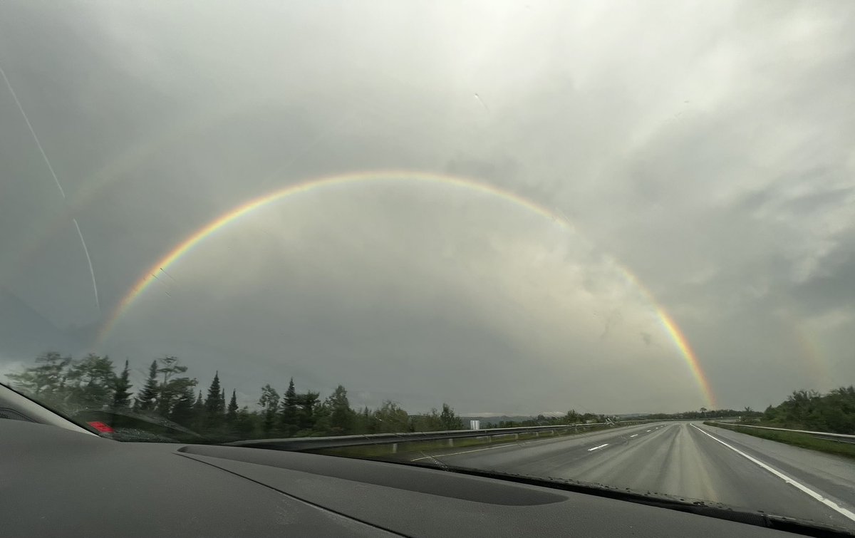 discoball17's tweet photo. Some mammatus trying to form south of Grand Falls along with a nice, vibrant double rainbow. #nbstorm https://t.co/yaT4uOhgvh