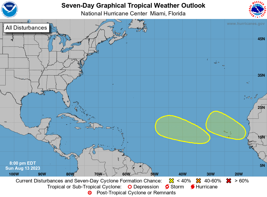 8pm EDT Sunday 13 Aug: NHC is monitoring two areas in the east-central tropical Atlantic, both of which have a low chance (🟡 20%) of tropical cyclone development over the next 7 days. 

Latest Outlook: nhc.noaa.gov/gtwo.php?basin…