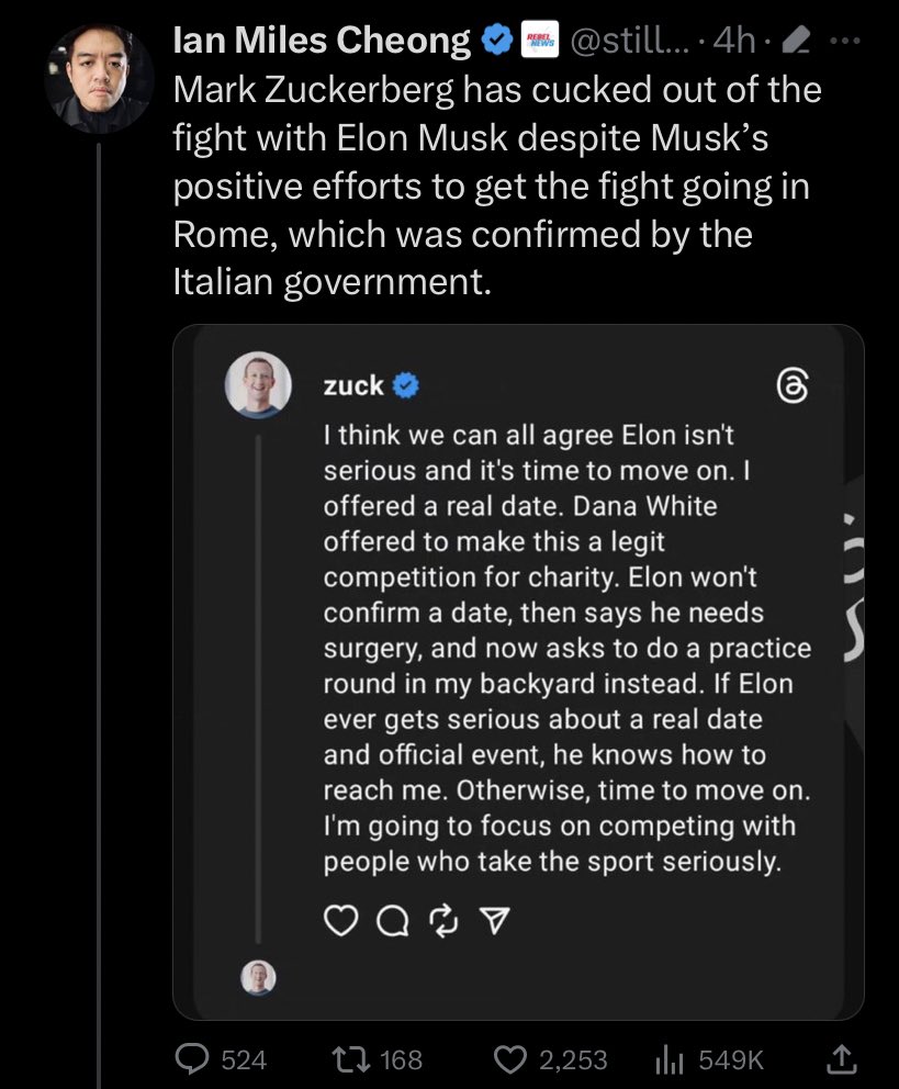 Whatapityonyou's tweet photo. Musk: My mom says I can’t fight. Actually we should have a verbal debate instead. Actually I need surgery. Actually I think I’m so fat I’d just automatically win? 

Zuck: Clearly this guy isn’t going to fight. 

Musk’s fan club: lol Zuck is SO SCARED!! https://t.co/p7tGjbnxjb