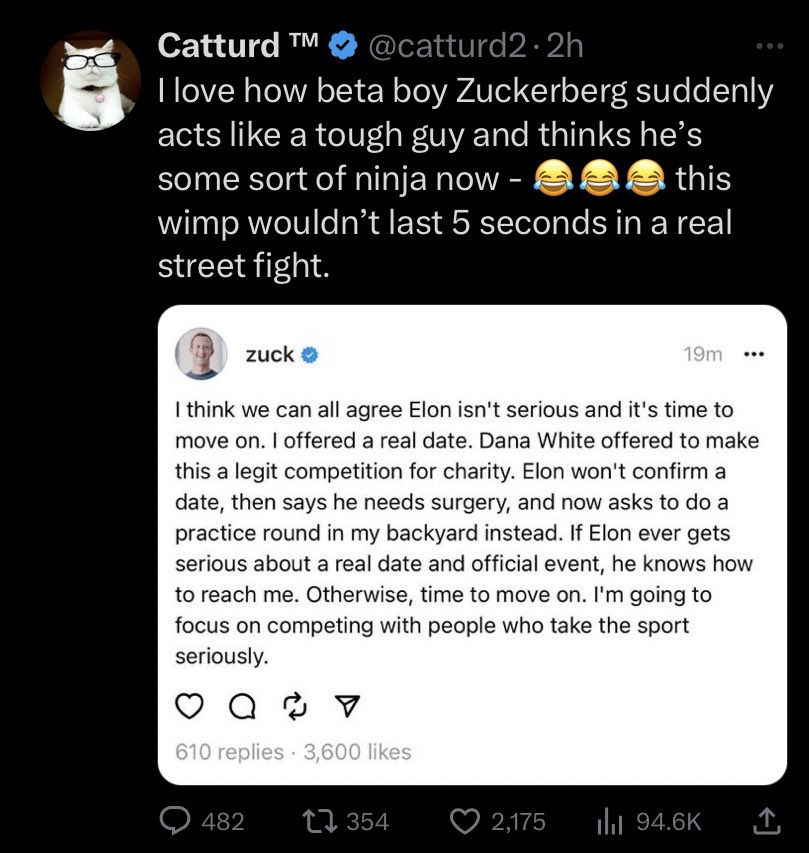 Whatapityonyou's tweet photo. Musk: My mom says I can’t fight. Actually we should have a verbal debate instead. Actually I need surgery. Actually I think I’m so fat I’d just automatically win? 

Zuck: Clearly this guy isn’t going to fight. 

Musk’s fan club: lol Zuck is SO SCARED!! https://t.co/p7tGjbnxjb