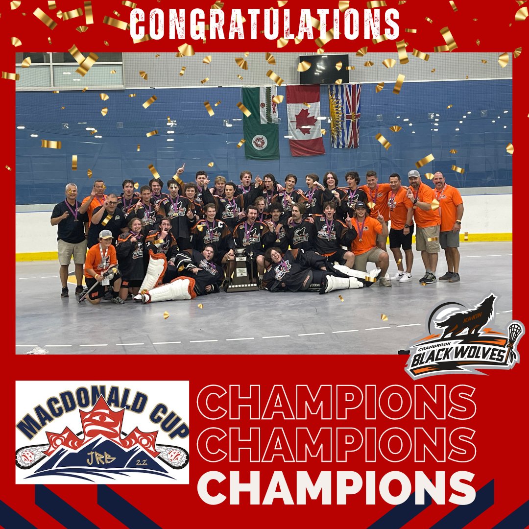 BCLacrosse's tweet photo. After a 27-year hiatus, we have a CHAMPION!!! Cranbrook Black Wolves are the 2023 MacDonald Cup Western Canadian Junior B Lacrosse Champions. https://t.co/WMr1vjngYs