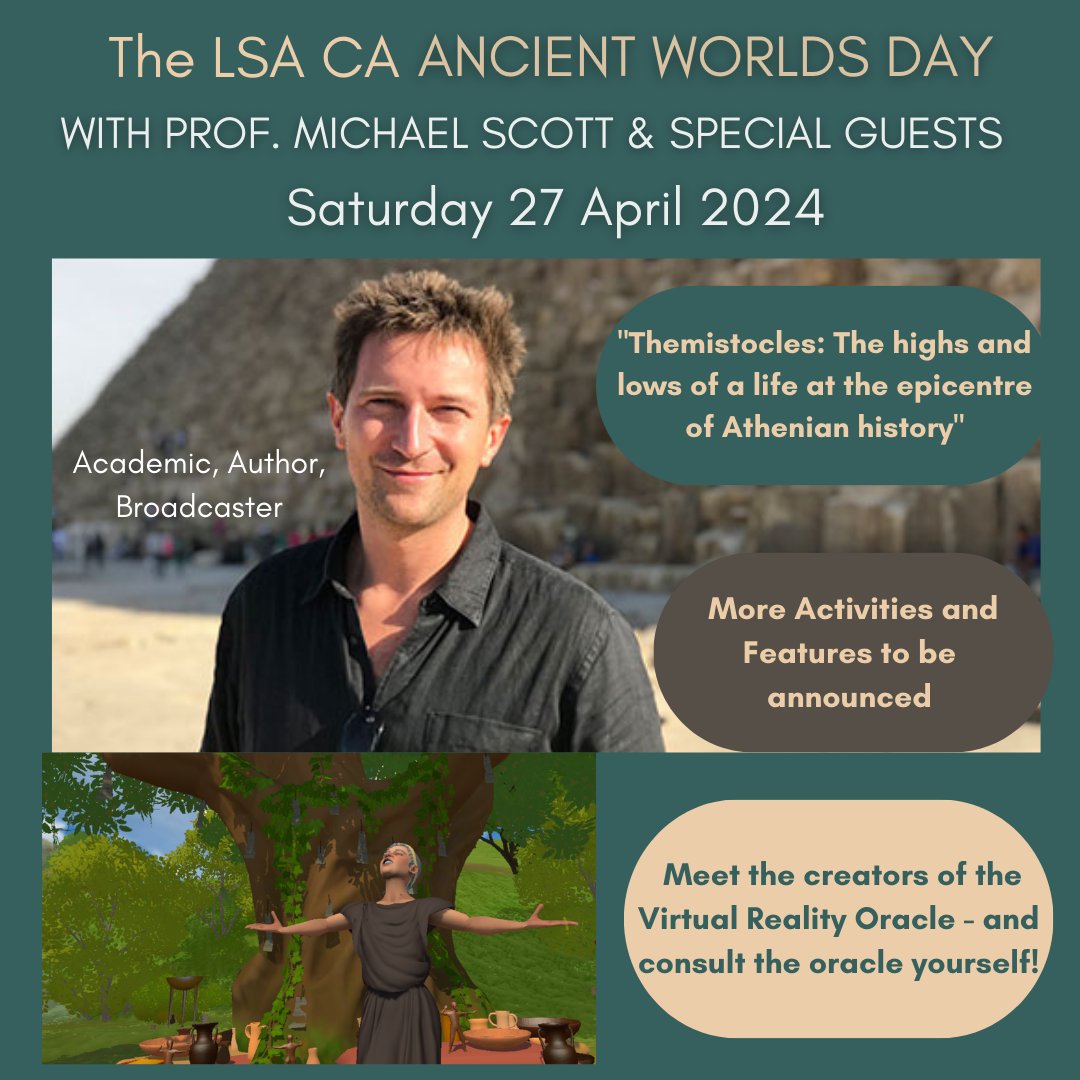 lsaclassics's tweet photo. 🎉And the final event in our 10th Anniversary Season...

Our programme wouldn't be complete without a visit from our wonderful President @profmcscott ✨

At the Ancient Worlds Day you'll be able to consult the Virtual Reality Oracle @Bristol_CLAH 😎

@warwickengages @uniofwarwick https://t.co/rjfbazrL8W