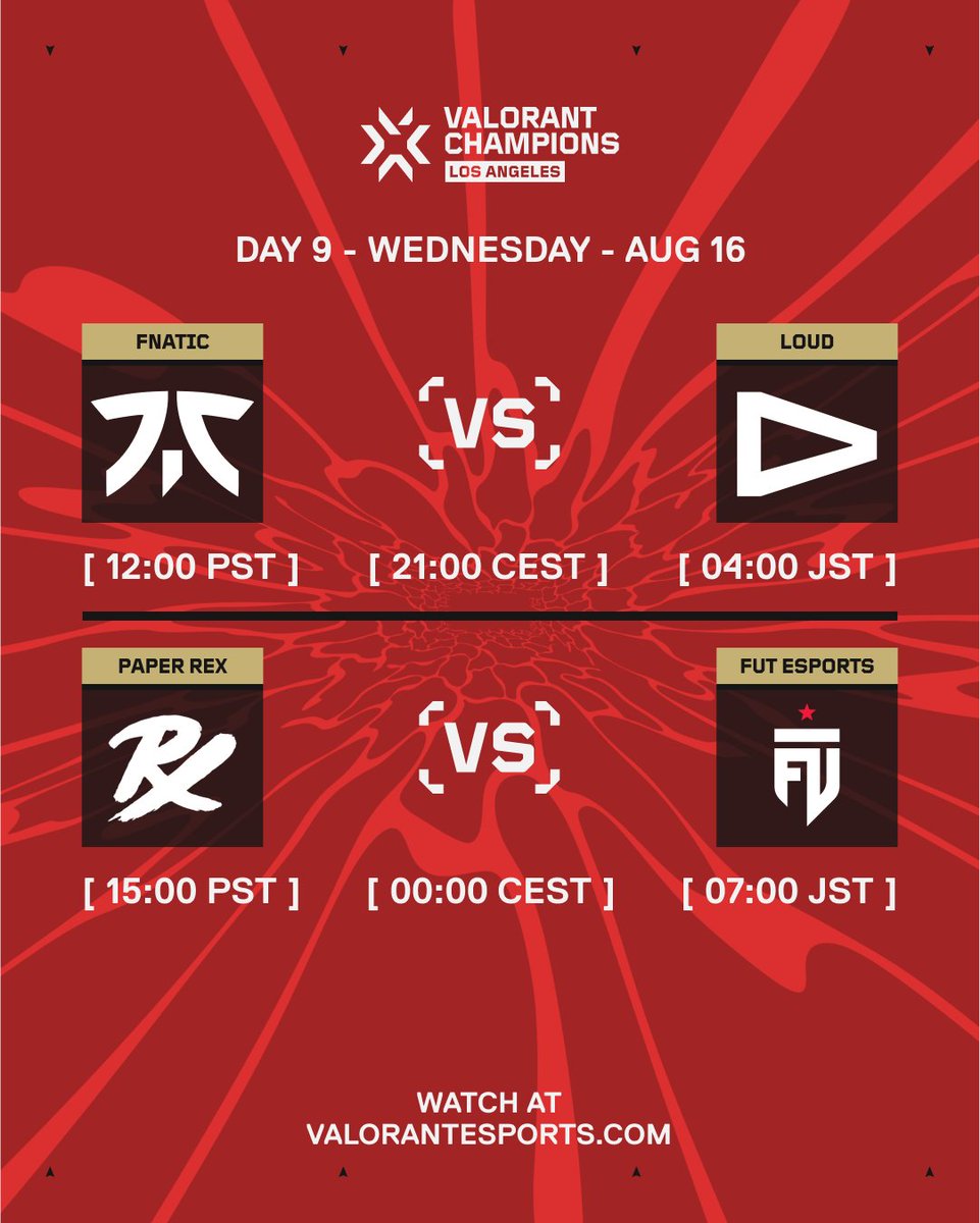 ValorantEsports's tweet photo. Ready for the Playoffs? 

#VALORANTChampions Los Angeles continues on August 16! https://t.co/w5kiPirRAi