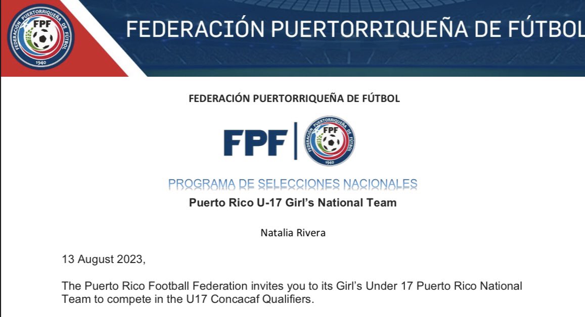 Natalia_Rivera_22 (@nat_rivera_22) on Twitter photo I am super excited to say that I will be able to Represent the Puerto Rico National Team again for the U17 Concacaf World Cup Qualifiers Tournament! Can’t wait see y’all soon!
#soccer #ECNL #class2025
@SoccerMomInt <a href="/ImYouthSoccer/">ECNL/GA/Recruiting/College Soccer</a> <a href="/stngroyal07ecnl/">Sting Royal 07 ECNL</a> <a href="/TopDrawerSoccer/">TopDrawerSoccer</a> I am super excited to say that I will be able to Represent the Puerto Rico National Team again for the U17 Concacaf World Cup Qualifiers Tournament! Can’t wait see y’all soon!
#soccer #ECNL #class2025
@SoccerMomInt <a href="/ImYouthSoccer/">ECNL/GA/Recruiting/College Soccer</a> <a href="/stngroyal07ecnl/">Sting Royal 07 ECNL</a> <a href="/TopDrawerSoccer/">TopDrawerSoccer</a>