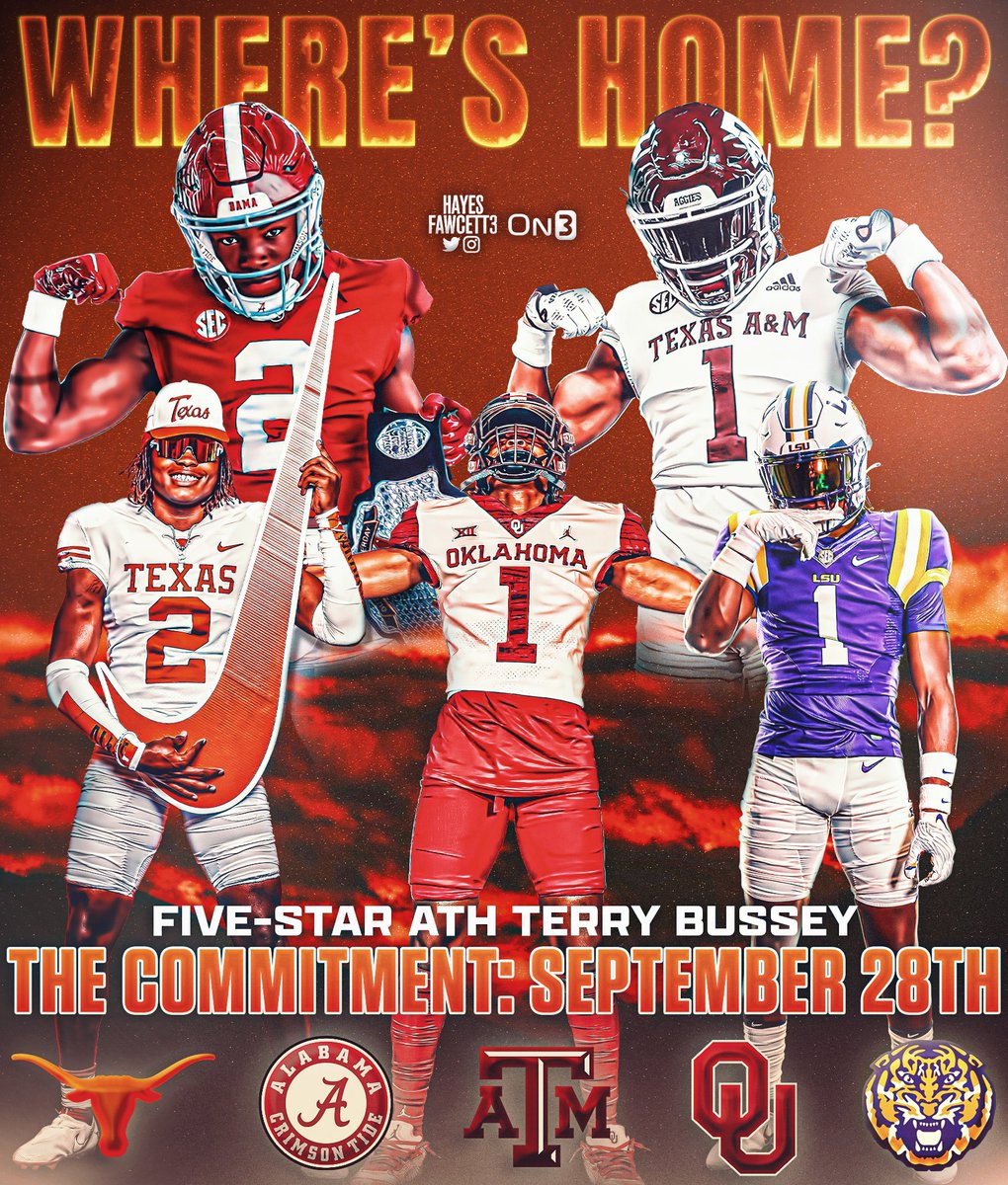 BREAKING: Five-Star ATH Terry Bussey tells me he will announce his Commitment on September 28th! The 5’11 190 ATH from Timpson, TX is ranked as a Top 20 Player in the ‘24 Class Where Should He Go?👇🏽 on3.com//news/five-sta…
