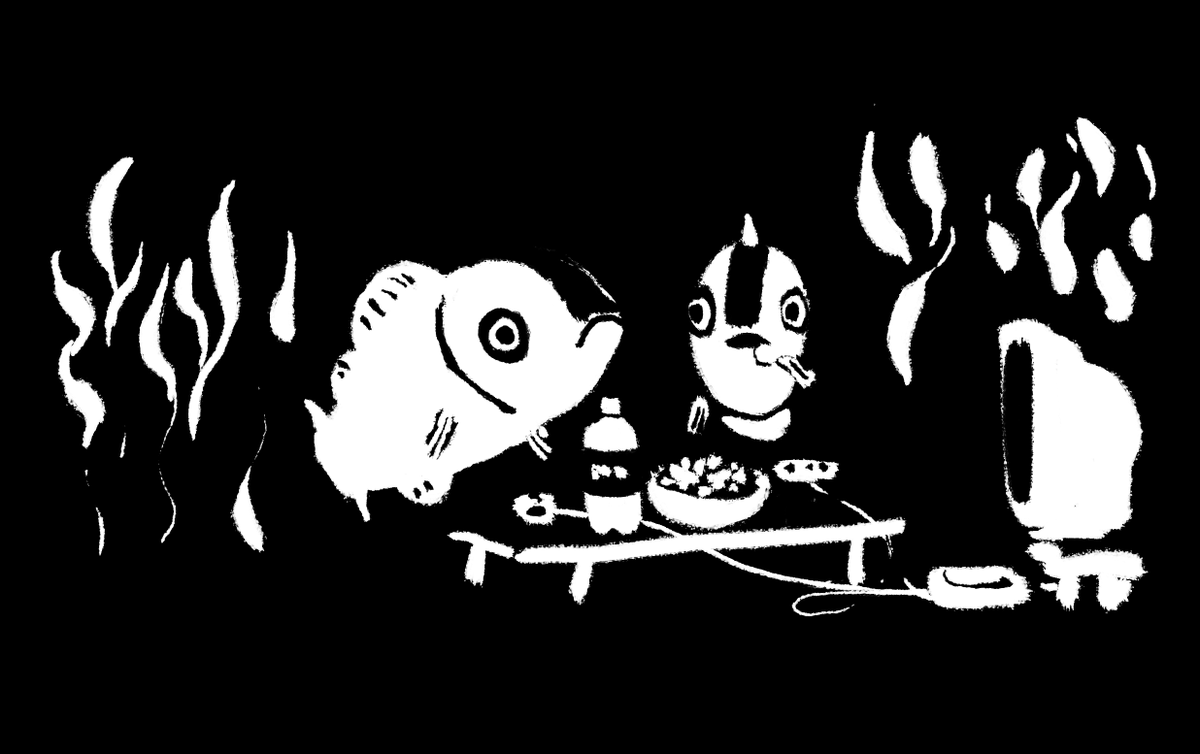 n_o_marsh's tweet image. An extremophile fish confides to a friend that nothing in life *really* feels extreme in any way. #SundayFishSketch