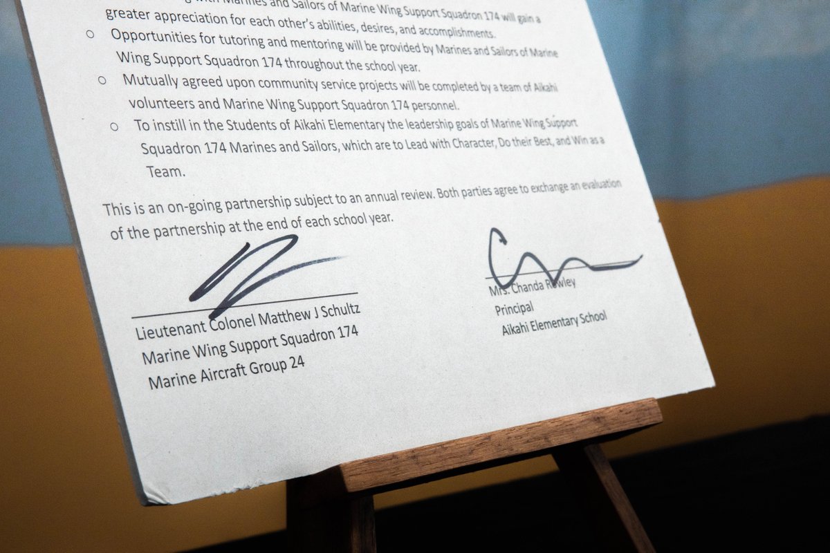 MWSS-174 and Aikahi Elementary School signed a Proclamation of Understanding to assist staff in various tasks such as mentoring and community service.

U.S. Marine Corps photo by Cpl. Christian Tofteroo