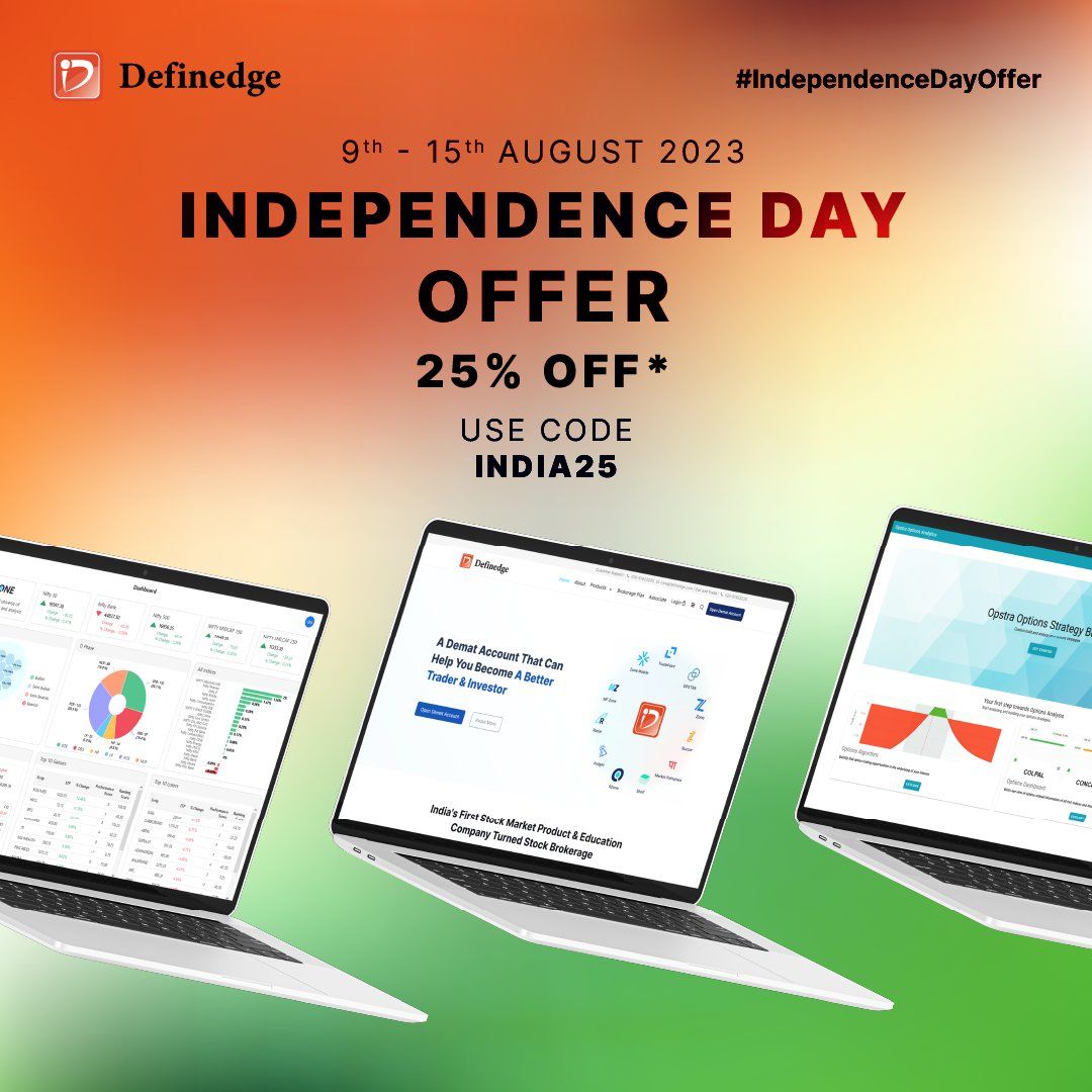 Definedge's tweet photo. Hurry, time's running out! Our exclusive offer ends tomorrow on August 15th, 2023. 

Enjoy a fantastic 25% discount on all Definedge product subscriptions. 

Don't miss out! Use Code INDIA25 to claim your discount.

Avail the Offer -
#Definedge - https://t.co/MjI9ogkPNS

#DSBPL -
https://t.co/TpwBgsaP6P

You can also get upto 40% additional off on your subscription with Definedge Securities Demat account.

To open a DEMAT account with us, visit :
https://t.co/za384LRrws

#DefinedgeOffer #IndependenceDay2023