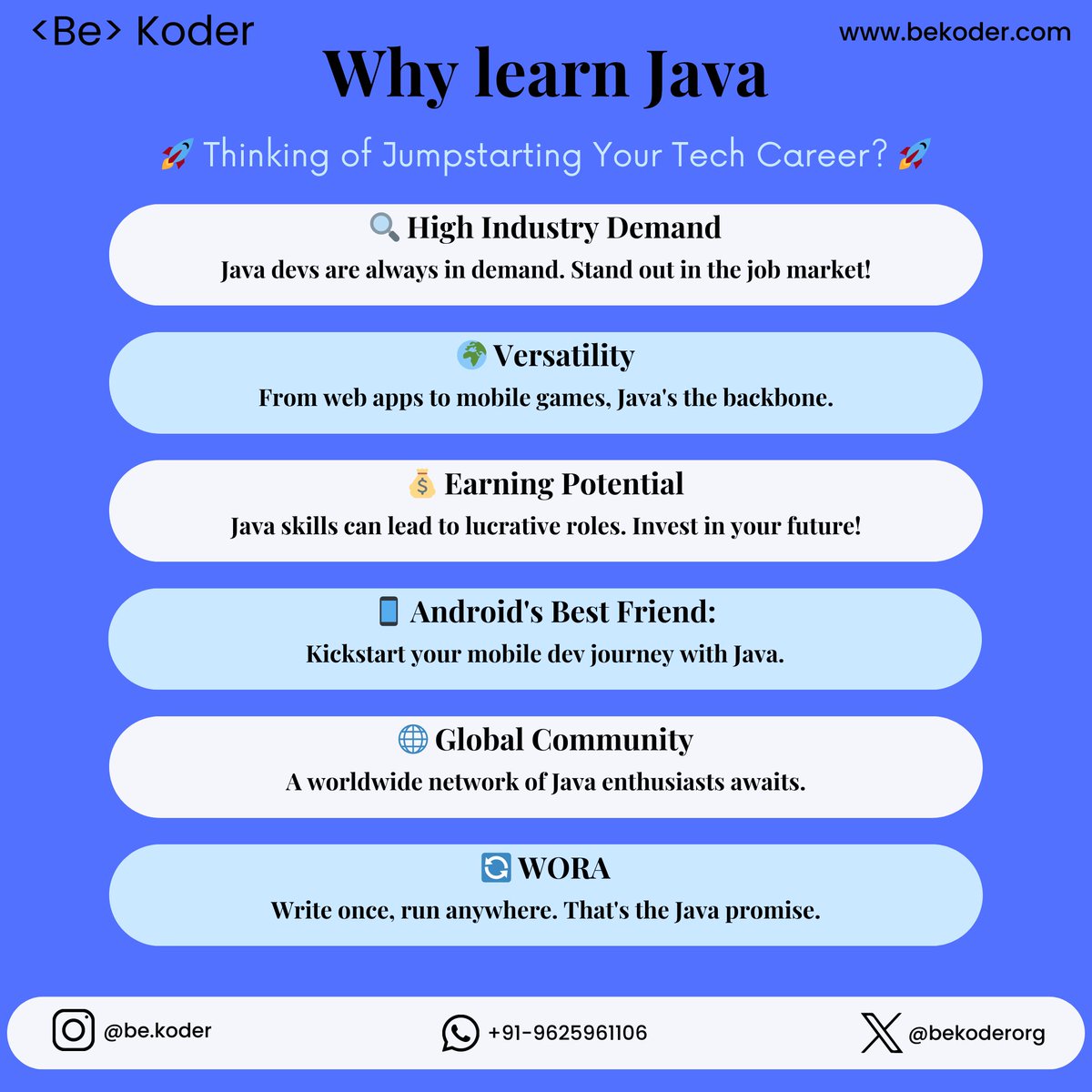 bekoderorg's tweet image. ๐ Students! Level up and future-proof your career. Dive into Java with us at #Bekoder.
๐ Thinking of Jumpstarting Your Tech Career? ๐
๐ High Industry Demand: Java devs are always in demand. Stand out in the job market!
๐ Versatility: From web apps to mobile games, Java'sโฆ