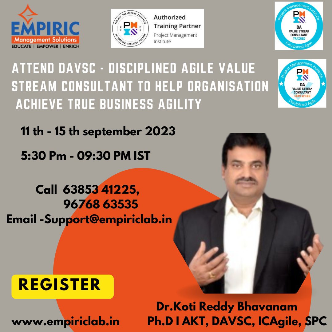 EmpiricManagem1's tweet photo. Join our Disciplined Agile Value Stream Consultant (DAVSC),With the DAVSC certification,you'll gain the skills and knowledge to guide your organization towards business agility. Call +916385341225,support@empiriclab.in https://t.co/QyJ8jG7u4e #DAVSC #Agile #Online @KotiBhavanam https://t.co/6IBfQPk6vE