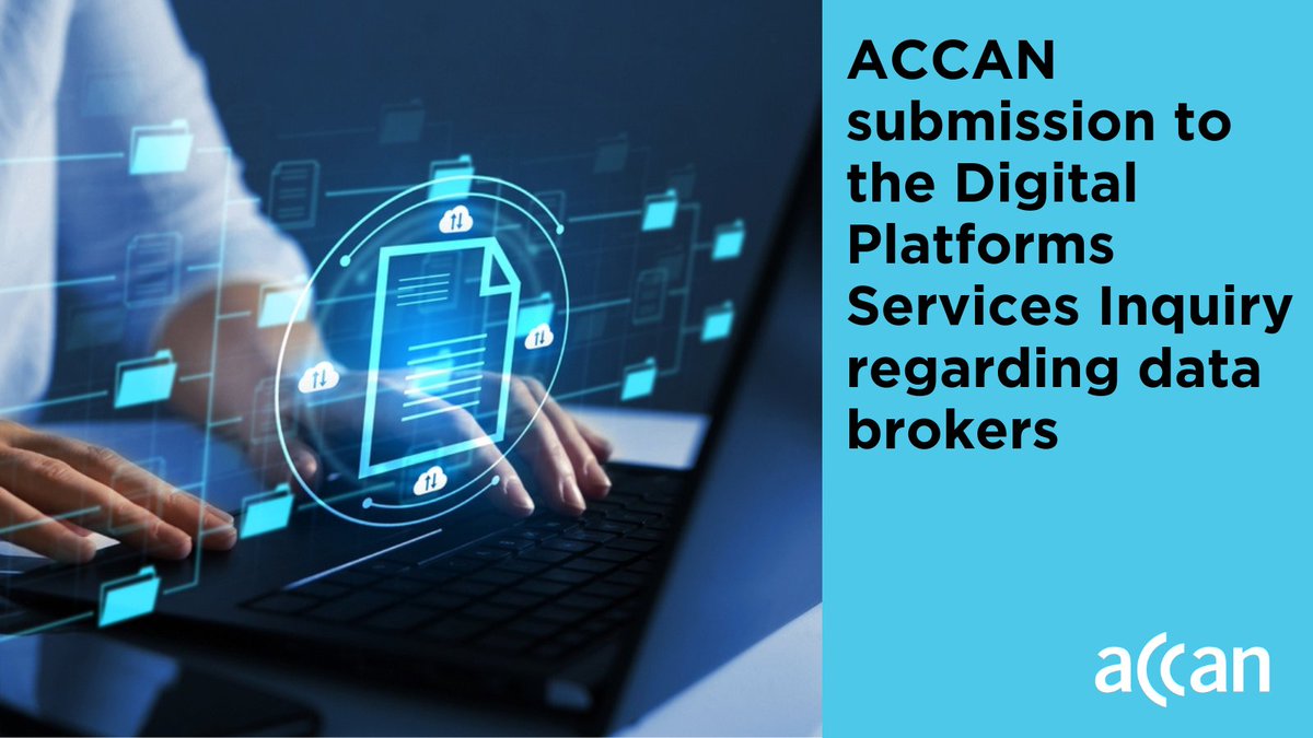 ACCAN_AU's tweet photo. ACCAN recently made a submission to the @acccgovau regarding data broking. 

We are unaware of benefits to consumers from third-party data brokers and hold concerns over how they store, process and use consumer data.

Read the submission here: https://t.co/y9unIdHi1d https://t.co/GVCBhAIf9t
