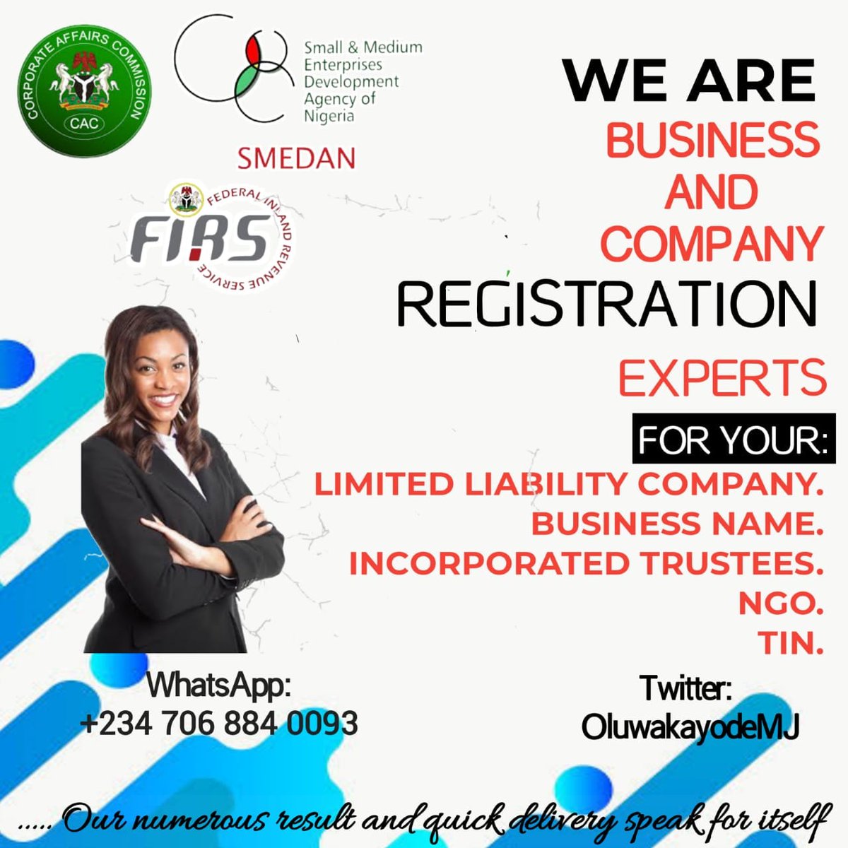 OluwakayodeMJ's tweet photo. DM for your Registration of:

Business name
Company
NGO
SCUML registration
Tax Identification Number
Trademarking of your Brand Name 

https://t.co/KTAXucMAsH https://t.co/MsIFn5ROys