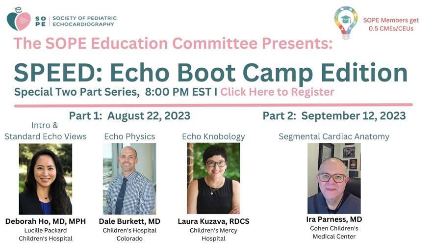 SOPedsEcho's tweet photo. We’re back from our Summer hiatus for a two-part SPEED: Echo Boot Camp Edition. Hear from Drs. Ho and Burkett &amp; @LVkuzava, RDCS. Let’s jumpstart this year with a packed session. 

🗓️: Part I: 8/22/23
⏰: 5 PM PT/8 PM EST 
⌨️: See link below to register

https://t.co/G7QnS5PQ2W https://t.co/OXe2W6T8tp