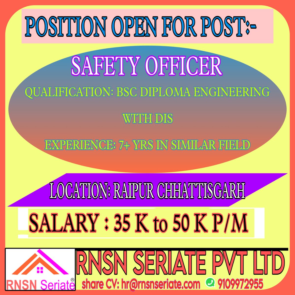 PoojaDew_RNSN's tweet photo. #Position_open_Safety_Officer

✅Qualification: BSC or Diploma Engineering with DIS
✅Location: Raipur Chhattisgarh
✅Salary: 35k to 50k P/M.
✅Experience: 7+ Years in Field of Safety In heavy or construction industries with good communication skill
✅Interested Candidate send https://t.co/Frnrksb78W