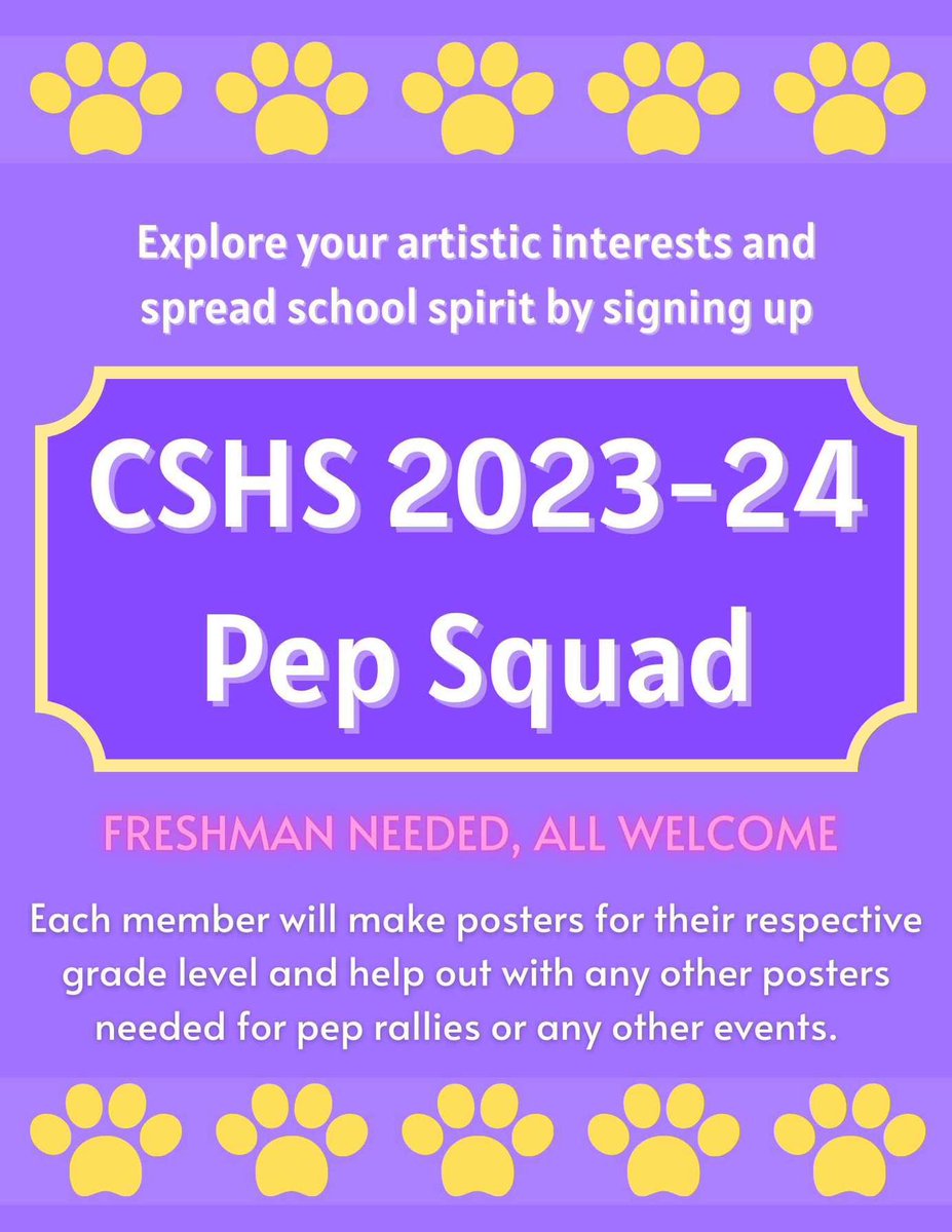 cs_pep19's tweet photo. Hey everyone! Don’t forget to sign up for the 2023-2024 CSHS Pep Squad, there’s still time left. Share with your friends, spread the word! 💜 https://t.co/e7wEd6qCXD