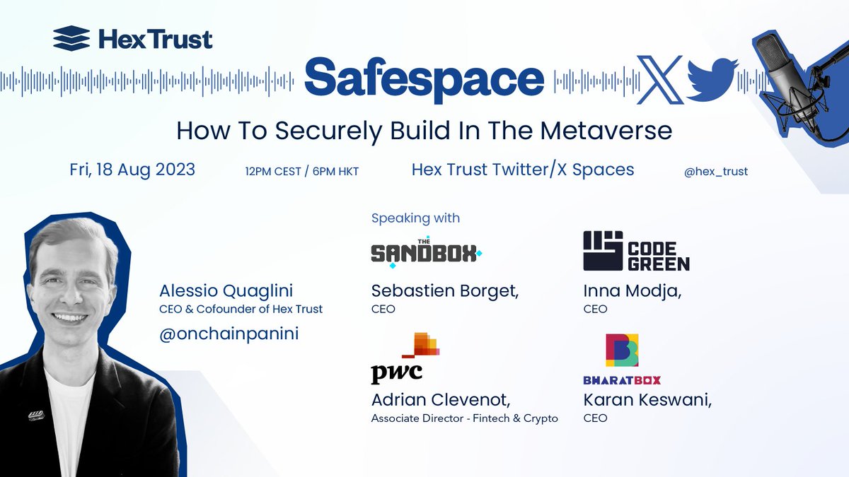 Hex_Trust's tweet photo. 📣 Save the date for our Spaces on building securely in the #metaverse!

🗣️ Panelists:

@onchainpanini (Hex Trust)
@borgetsebastien (@TheSandboxGame)
@adrianCle (@PwC)
@Innamodja (@CodeGreen_nft)
@KaranVerse (@TheSandboxIndia)

Set your reminders ⬇️
https://t.co/PzhMk8bm9j

1/2 https://t.co/uAPQZBvweD