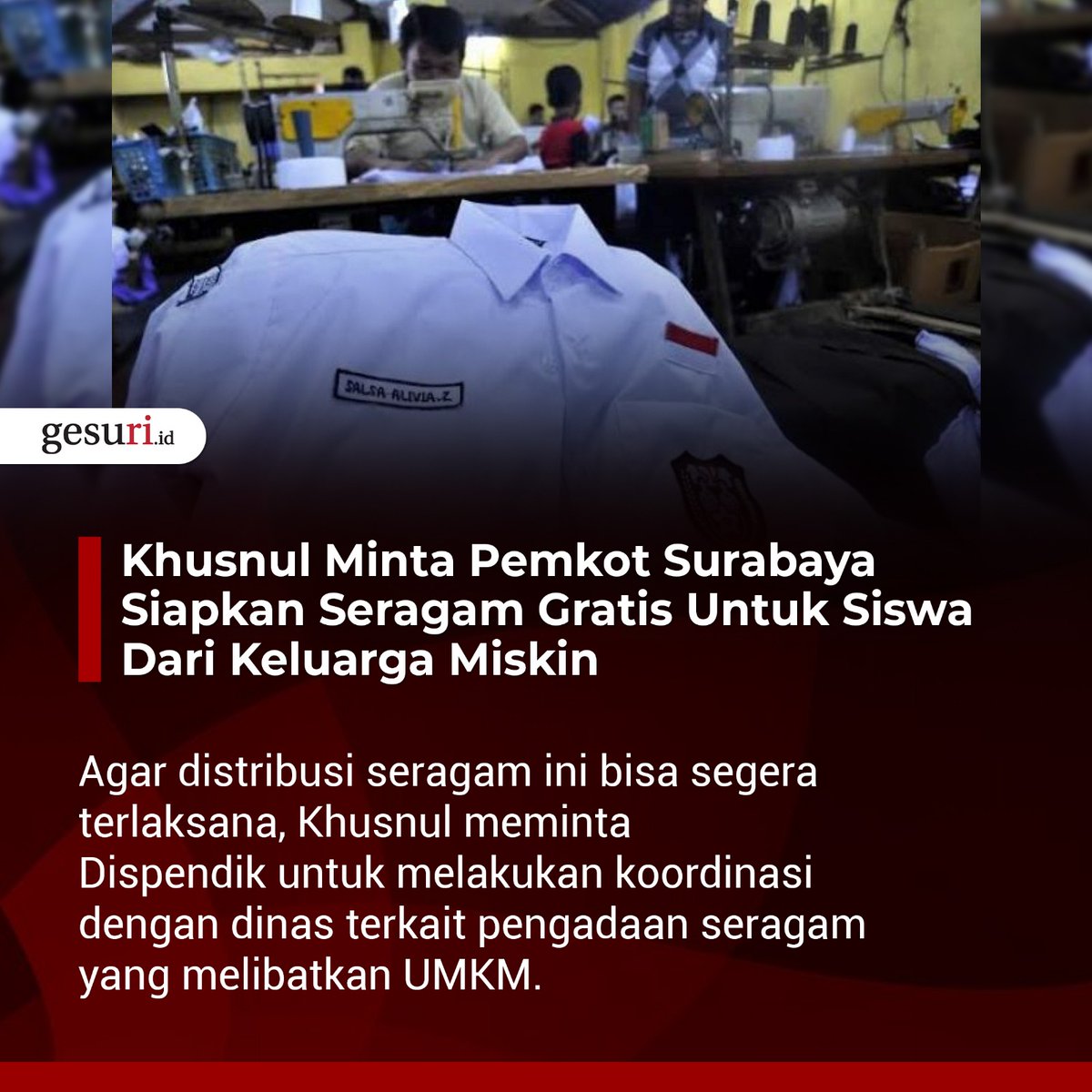 GesuriID's tweet photo. Ketua Komisi D DPRD Kota Surabaya, Khusnul Khotimah, meminta Dinas Pendidikan (Dispendik) segera menyiapkan seragam yang dibagikan secara gratis untuk siswa dari keluarga miskin.
#KhusnulKhotimah #dispendik #surabaya #pdiperjuangan #gesuriid https://t.co/gpNw6CNWOE