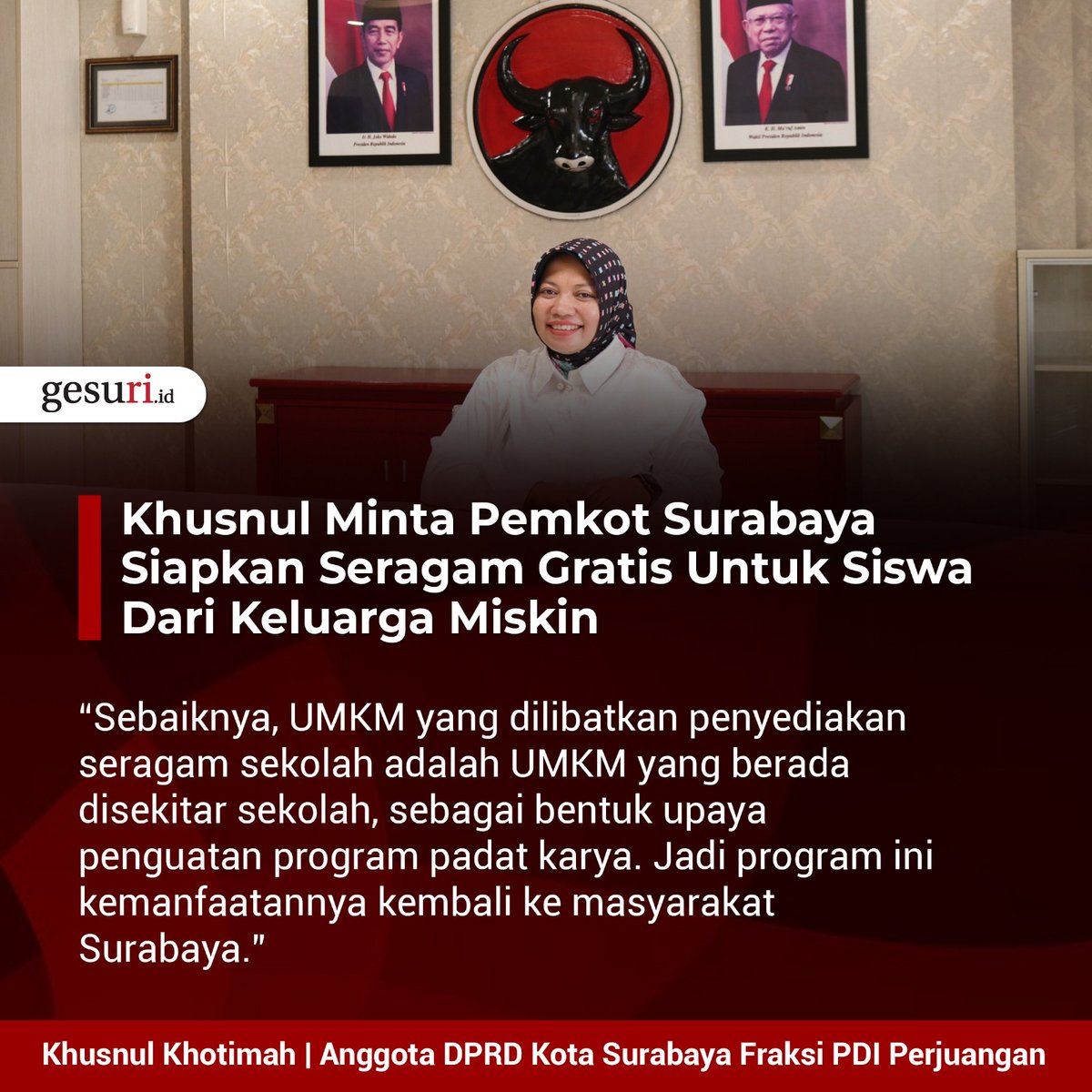 GesuriID's tweet photo. Ketua Komisi D DPRD Kota Surabaya, Khusnul Khotimah, meminta Dinas Pendidikan (Dispendik) segera menyiapkan seragam yang dibagikan secara gratis untuk siswa dari keluarga miskin.
#KhusnulKhotimah #dispendik #surabaya #pdiperjuangan #gesuriid https://t.co/gpNw6CNWOE
