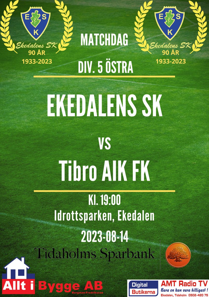 Matchdax!
Ikväll startar höstsäsongen för A-laget hemma mot Tibro AIK på Idrottsparken
Matchstart 19:00
<a href="/TibroAIK/">Tibro AIK</a> 

Följ matchen på Min Fotboll
Ekedalens SK Herr - Tibro AIK FK 
minfotboll.app.link/V5MzbtxqeCb